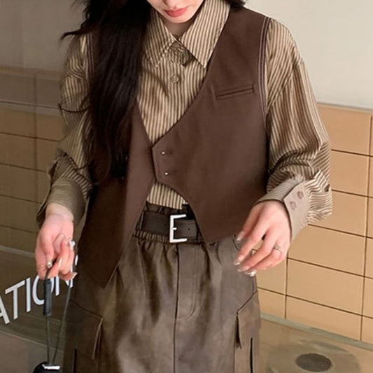 Long-Sleeve Collared Striped Shirt & V-Neck Button Vest with Faux Leather Mini A-Line Skirt Set