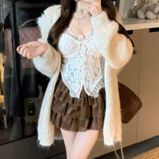 Plain Fluffy Trim Hooded Open Front Cardigan / V-Neck Lace Crop Camisole Top / High Waist Lace Trim Tiered Mini A-Line Skirt