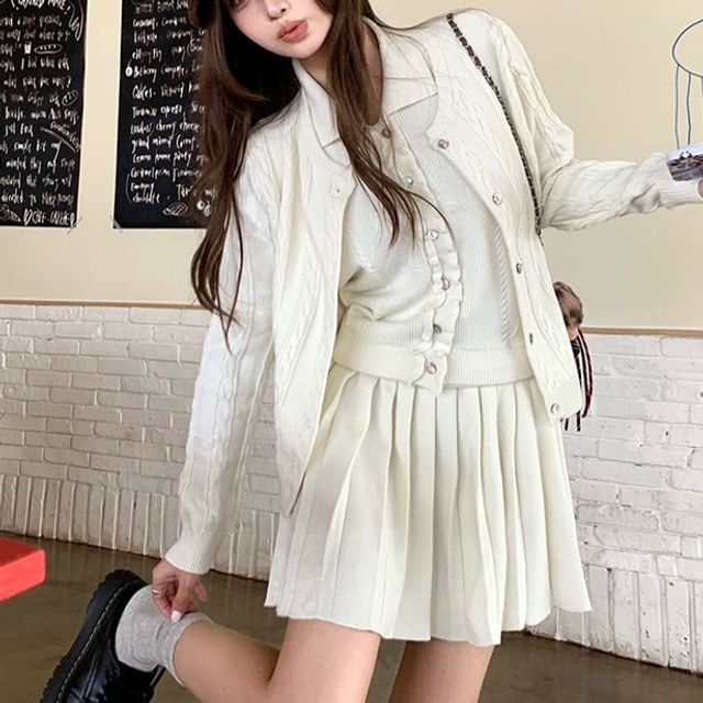 Sleeveless Collared Frill Trim Crop Knit Top / Round Neck Button-Up Plain Cable Knit Cardigan / High Rise Pleated Mini A-Line Skirt