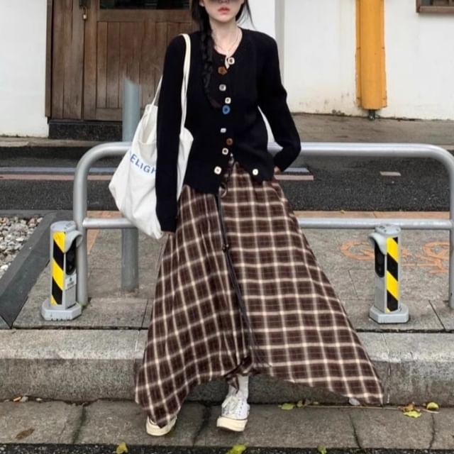 Crew Neck Button-Up Plain Cardigan / High Rise Plaid Midi A-Line Skirt
