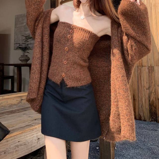 Set: Melange Button-Up Knit Crop Tube Top + Open Front Cardigan