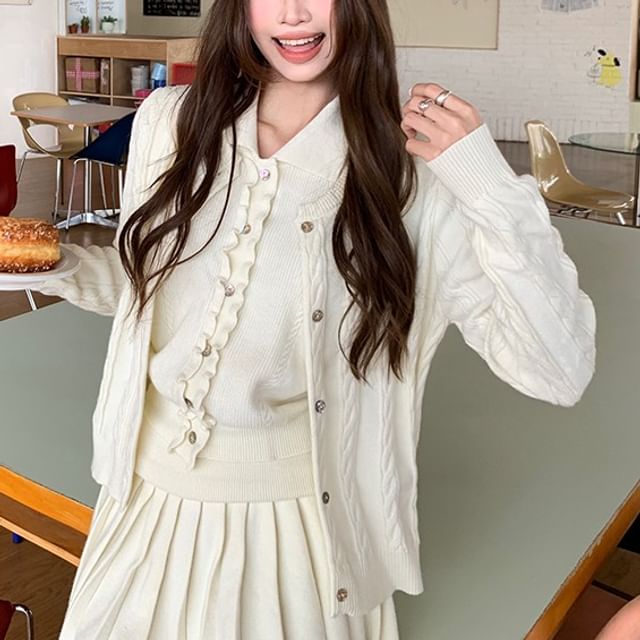 Sleeveless Collared Frill Trim Crop Knit Top / Round Neck Button-Up Plain Cable Knit Cardigan / High Rise Pleated Mini A-Line Skirt