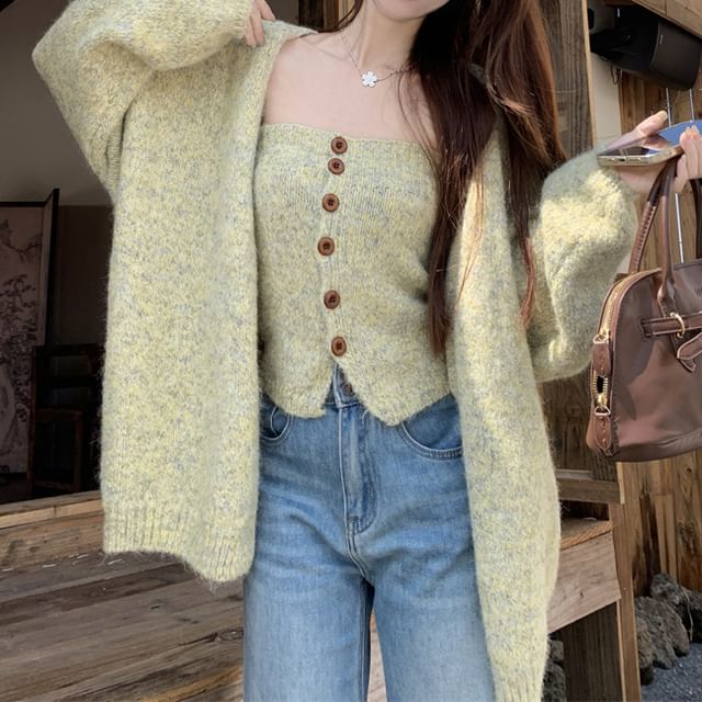 Set: Melange Button-Up Knit Crop Tube Top + Open Front Cardigan