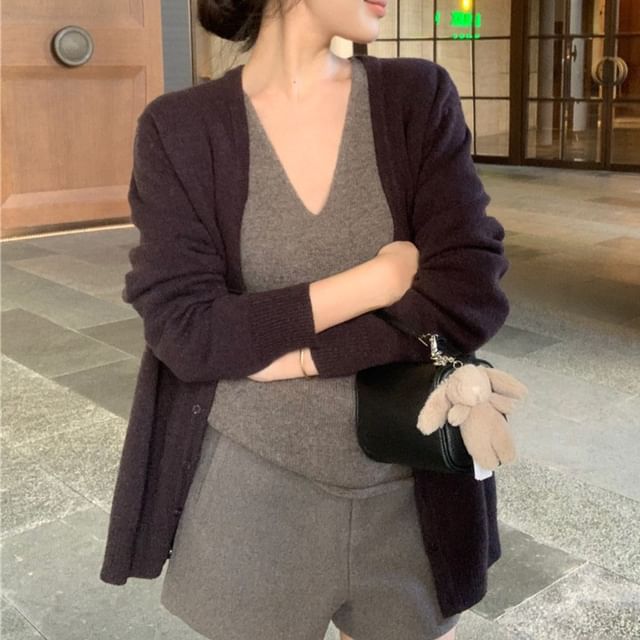 V-Neck Button-Up Plain Cardigan / Tank Top