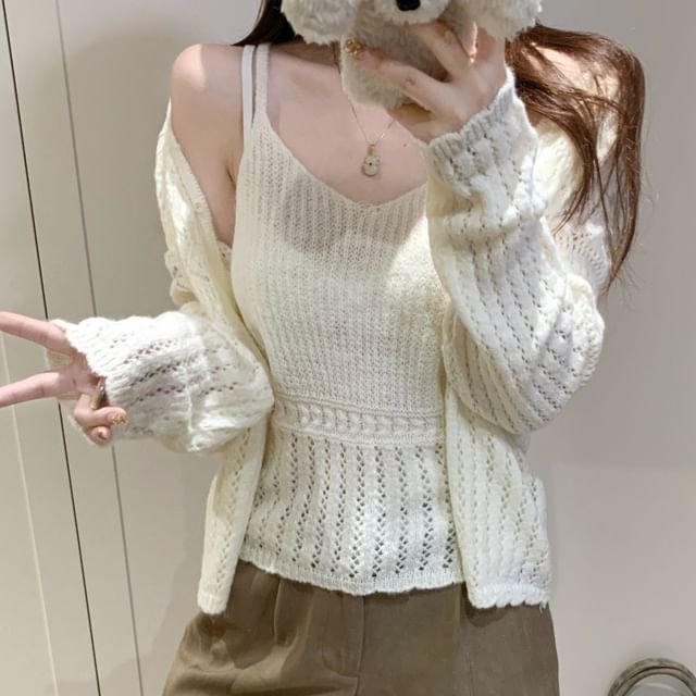 Set: V-Neck Perforated Button-Up Plain Cardigan + Camisole Top
