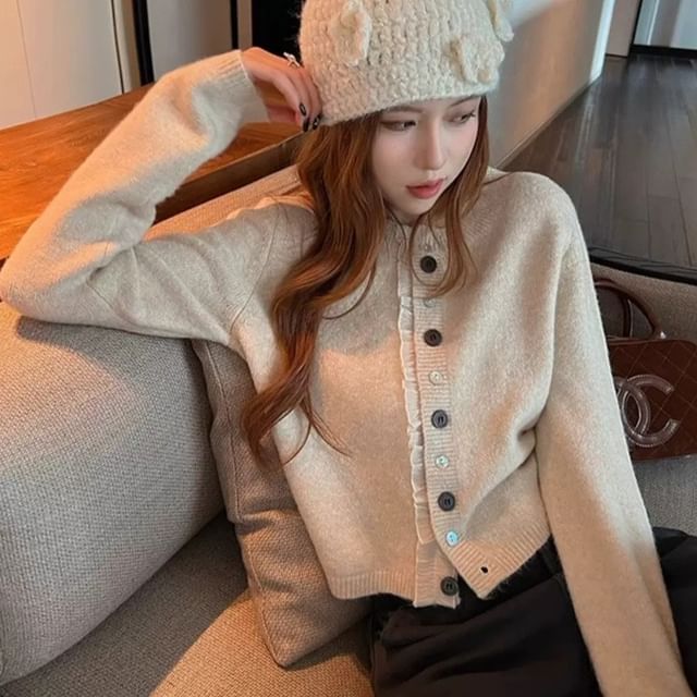 Crew Neck Frill Trim Button-Up Crop Cardigan