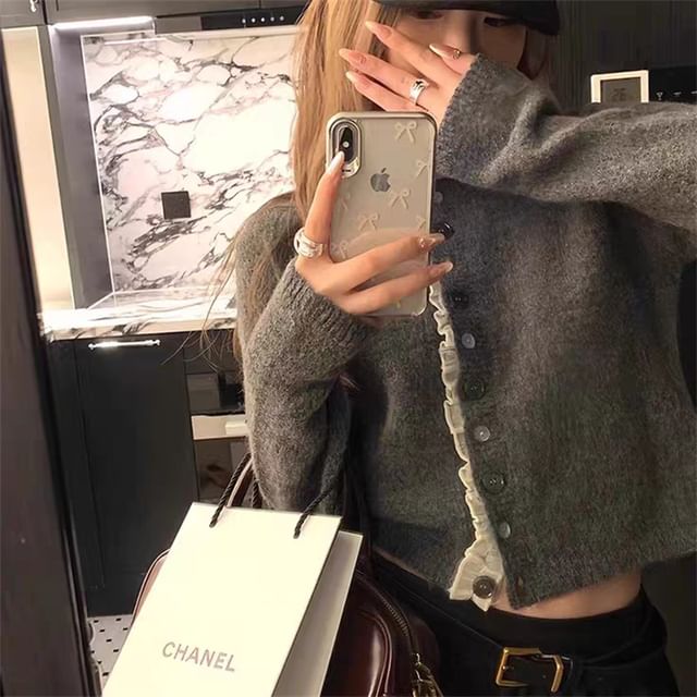 Crew Neck Frill Trim Button-Up Crop Cardigan