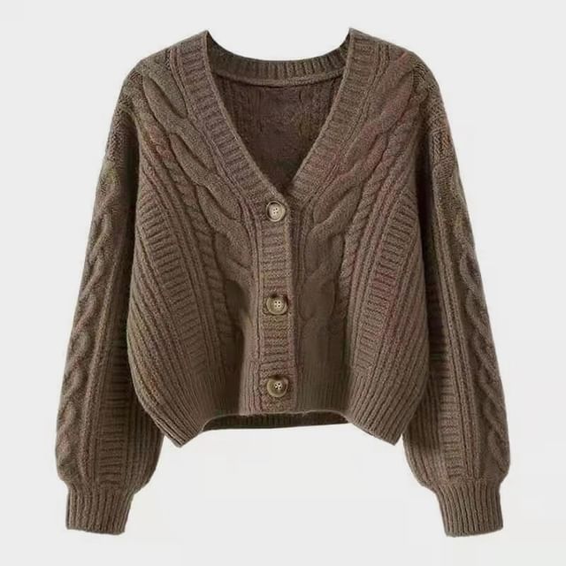 V-Neck Button-Up Plain Cable Knit Crop Cardigan