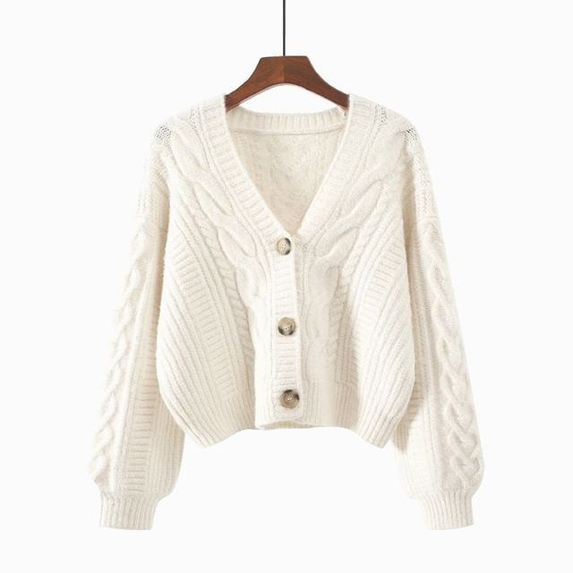 V-Neck Button-Up Plain Cable Knit Crop Cardigan