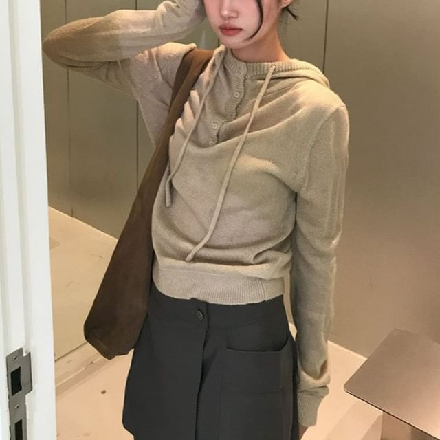 Drawstring Hooded Henley Knit Top with Long Sleeves