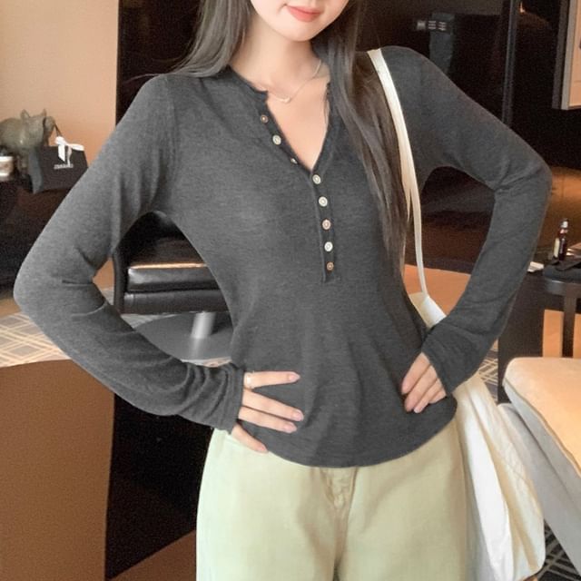 Melange Henley Knit Top with Long Sleeves