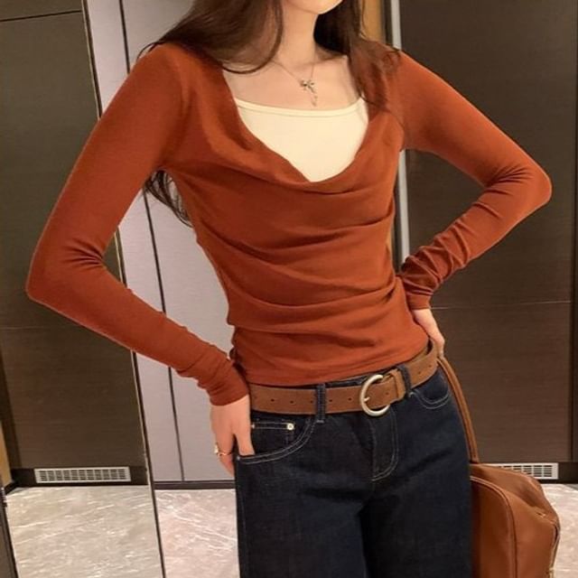 Two-Tone Slim Fit T-Shirt with Mock Two-Piece Cowl Neck and Long Sleeves