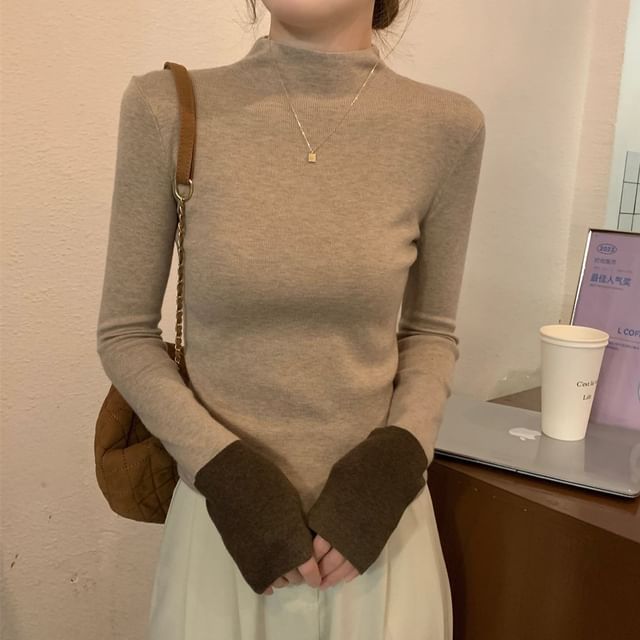 Two-Tone Mock Neck Knit Top with Long Sleeves