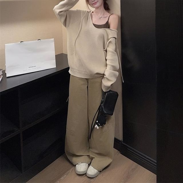 Drawstring Sweater with V-Neck, Lace Trim Cami, and Baggy Cargo Pants