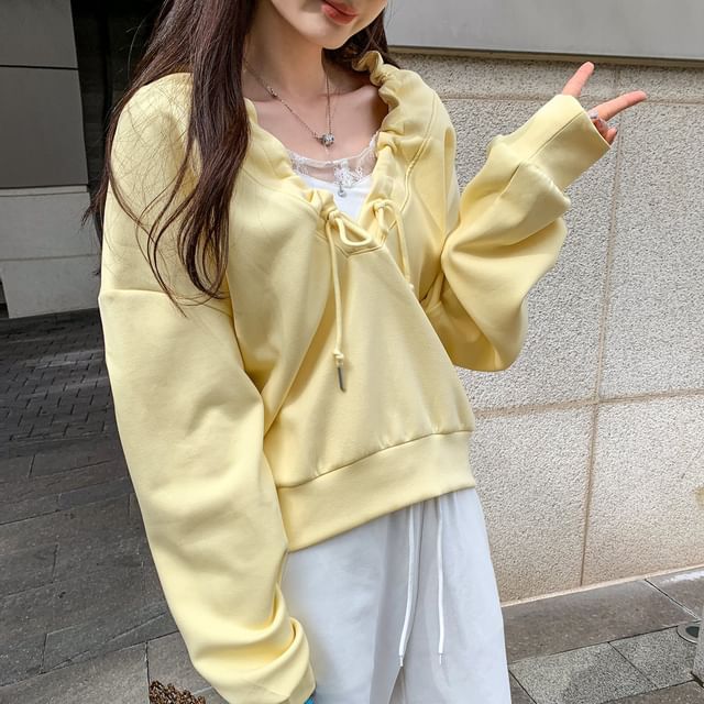 Drawstring Hoodie with V-Neckline