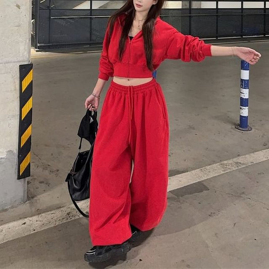 Cropped Zip Hoodie and Drawstring Baggy Sweatpants