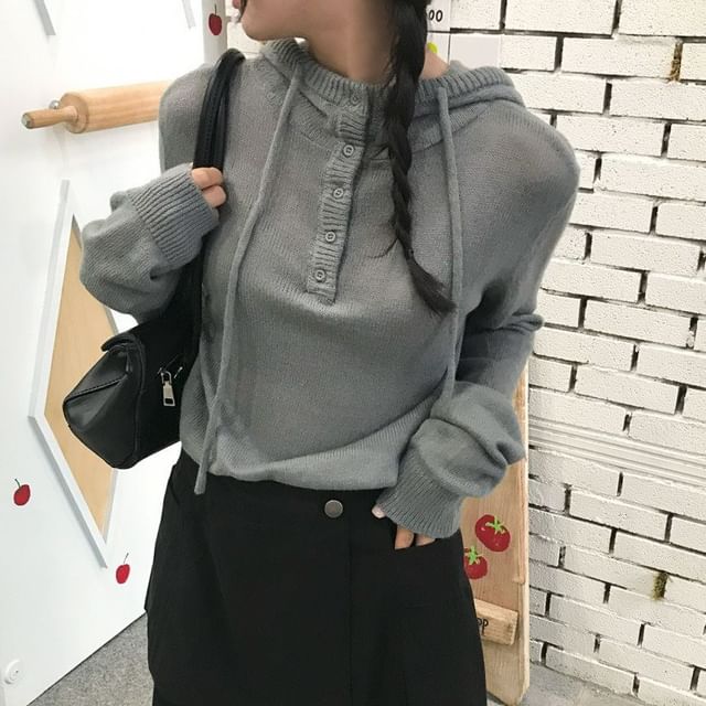Drawstring Hooded Henley Knit Top with Long Sleeves