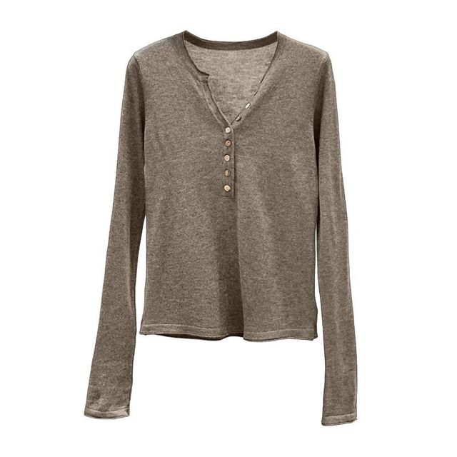 Melange Henley Knit Top with Long Sleeves