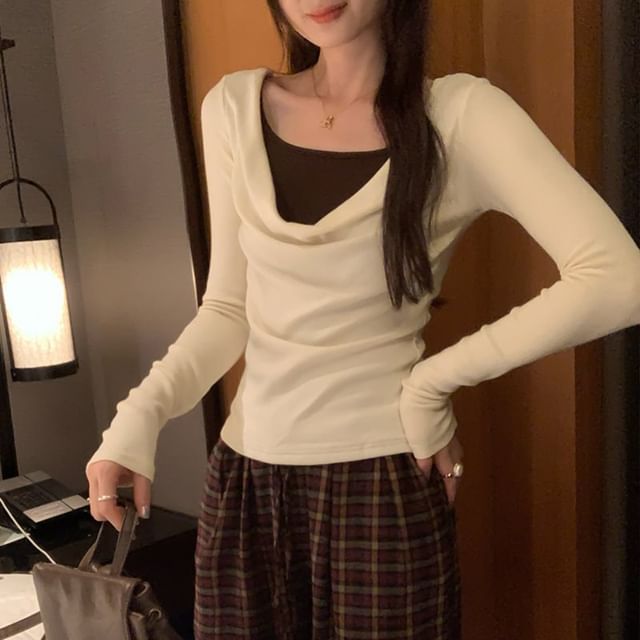 Two-Tone Slim Fit T-Shirt with Mock Two-Piece Cowl Neck and Long Sleeves