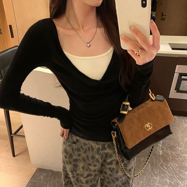 Two-Tone Slim Fit T-Shirt with Mock Two-Piece Cowl Neck and Long Sleeves