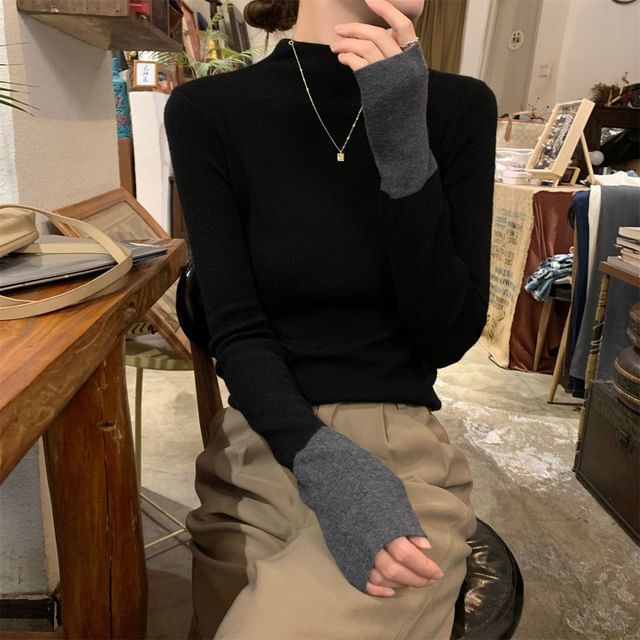 Two-Tone Mock Neck Knit Top with Long Sleeves