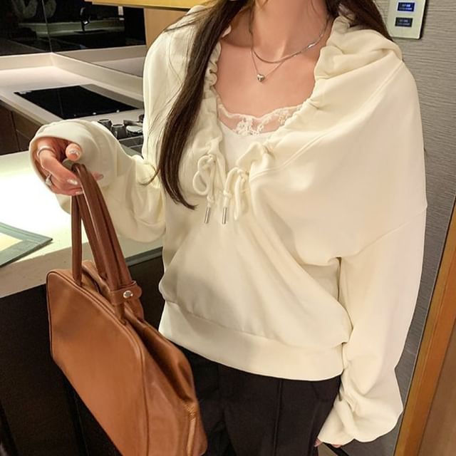 Drawstring Hoodie with V-Neckline