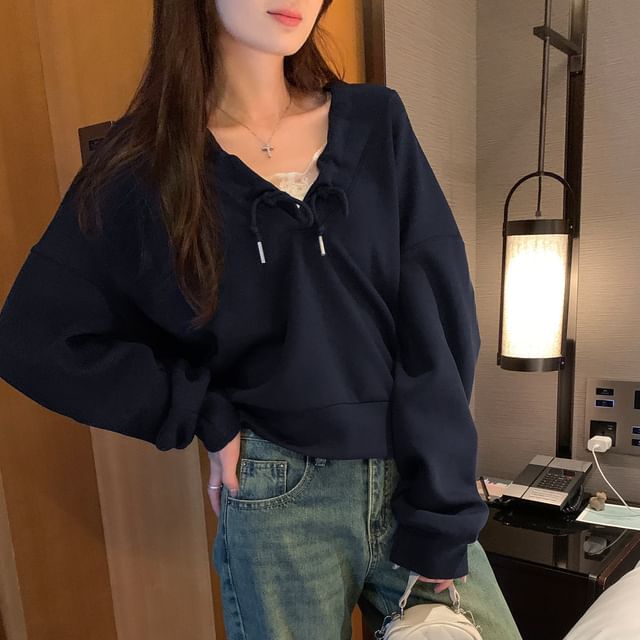 Drawstring Hoodie with V-Neckline