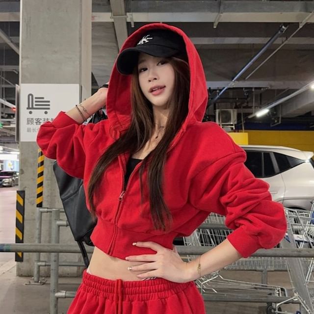 Cropped Zip Hoodie and Drawstring Baggy Sweatpants