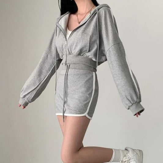 Striped Crop Hoodie & Drawstring Waist Pencil Skirt Set