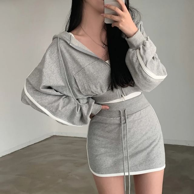 Striped Crop Hoodie & Drawstring Waist Pencil Skirt Set