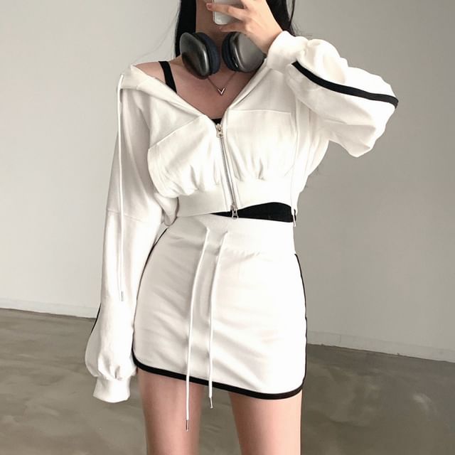 Striped Crop Hoodie & Drawstring Waist Pencil Skirt Set