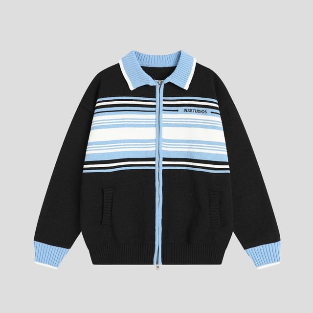 Unisex Polo-Collar Colorblock Zipper Cardigan
