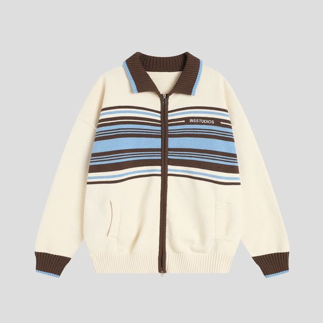 Unisex Polo-Collar Colorblock Zipper Cardigan