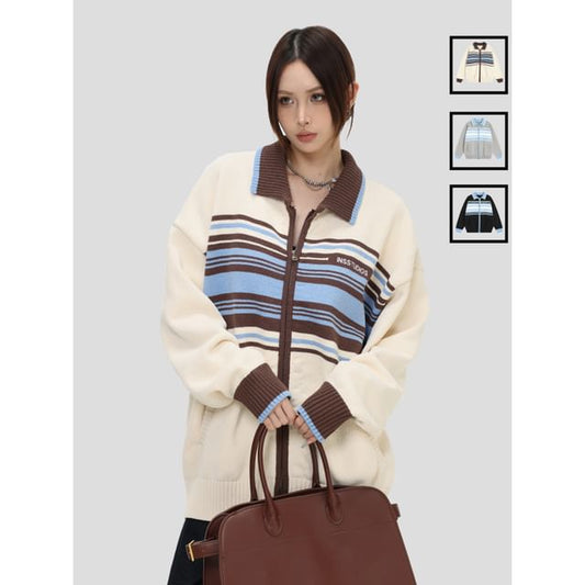 Unisex Polo-Collar Colorblock Zipper Cardigan