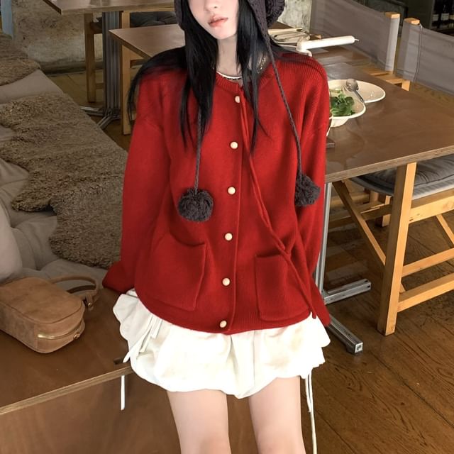 Round Neck Faux Pearl Button Cardigan