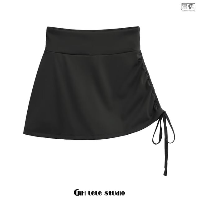 High Waist Plain Drawstring Mini A-Line Skirt