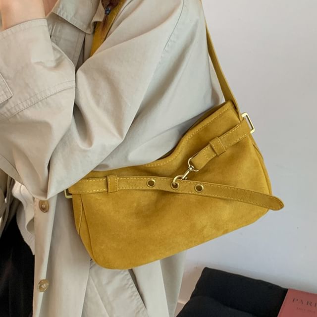 Plain Belted Faux Suede Shoulder Bag