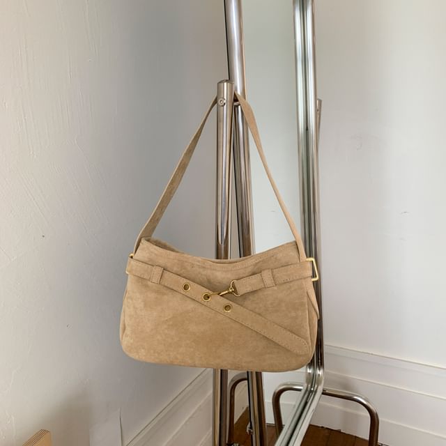 Plain Belted Faux Suede Shoulder Bag
