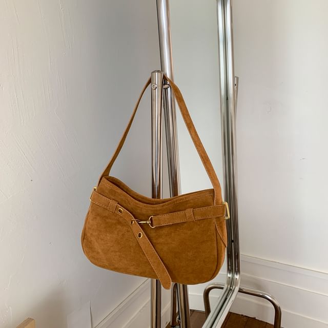 Plain Belted Faux Suede Shoulder Bag