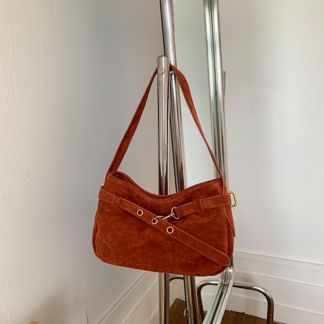 Plain Belted Faux Suede Shoulder Bag