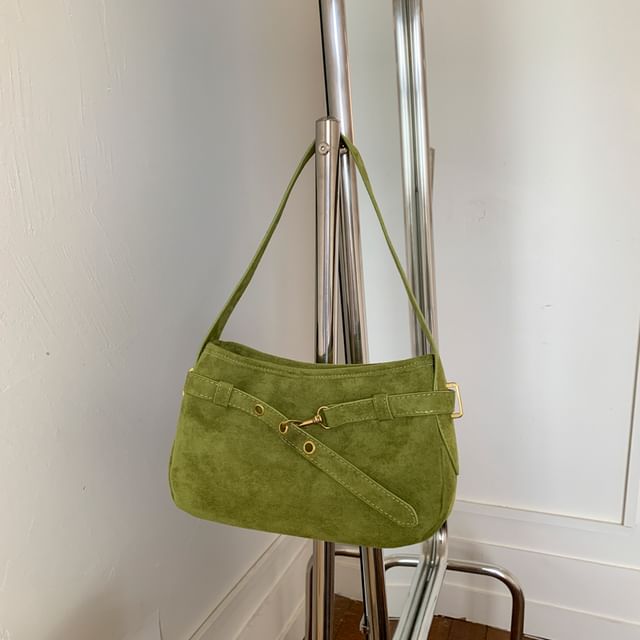 Plain Belted Faux Suede Shoulder Bag