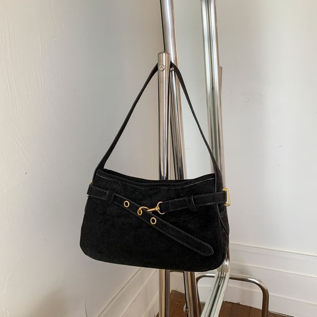 Plain Belted Faux Suede Shoulder Bag