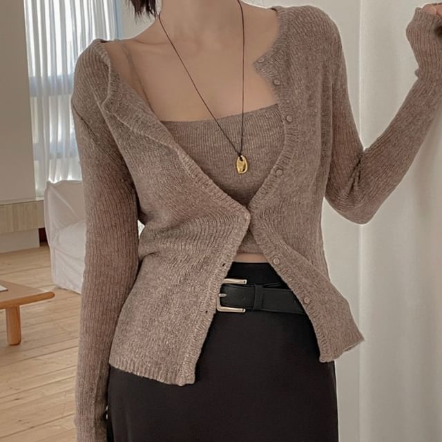 Set: Ribbed Crop Knit Camisole Top + Crew Neck Cardigan