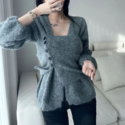 Set: Button Ribbed Knit Tube Top + Open Front Cardigan