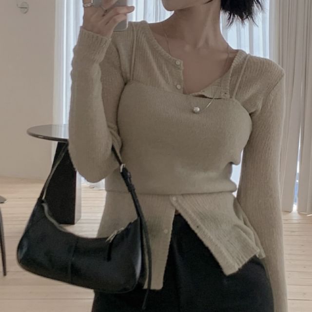 Set: Ribbed Crop Knit Camisole Top + Crew Neck Cardigan