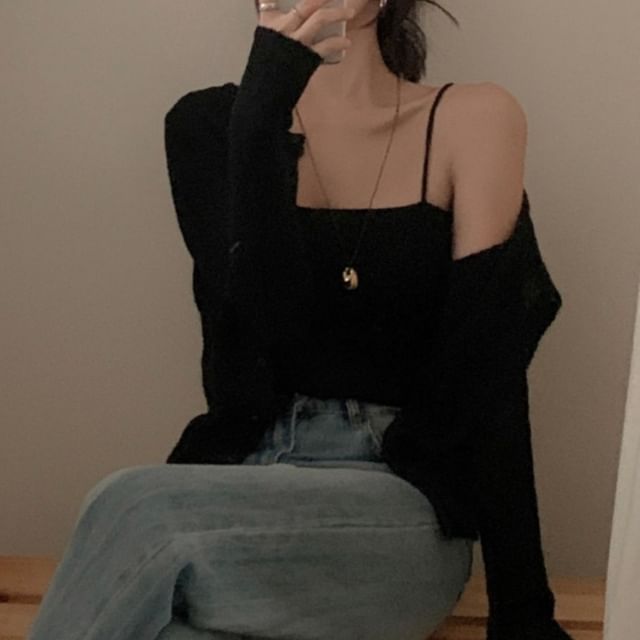 Set: Ribbed Crop Knit Camisole Top + Crew Neck Cardigan