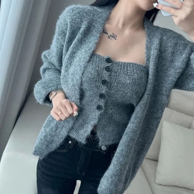 Set: Button Ribbed Knit Tube Top + Open Front Cardigan
