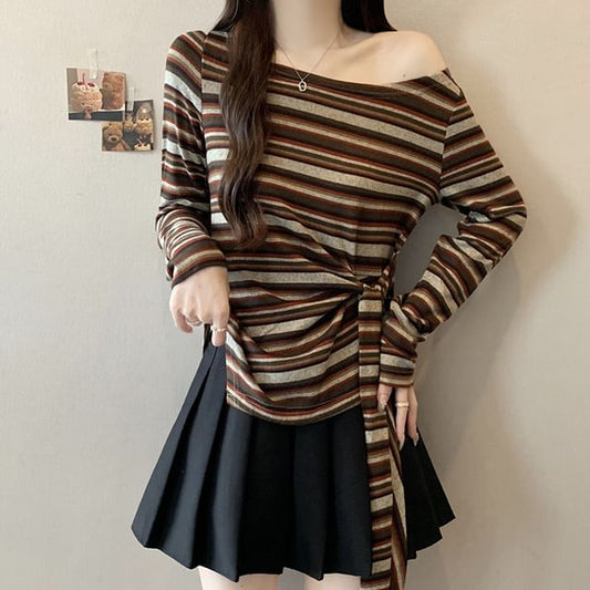 Asymmetrical Tie Waist T-Shirt with Off-Shoulder and Long Sleeves