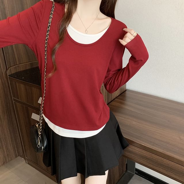 Two-Tone Mock Two-Piece T-Shirt with Scoop Neck and Long Sleeves