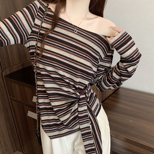 Asymmetrical Tie Waist T-Shirt with Off-Shoulder and Long Sleeves
